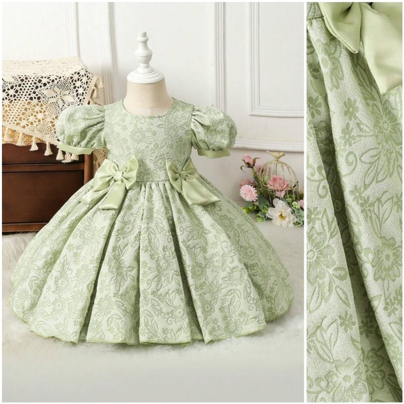 SHEIN Other - NWOT Shein Girls Green Jacquard Floral Bow Puff Princess Toddler Baby Dress 2-3Y